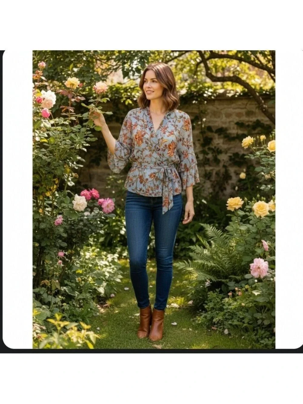 Zara Floral Blouse Kimono Sleeves Light Blue Medium - Picture 2 of 7